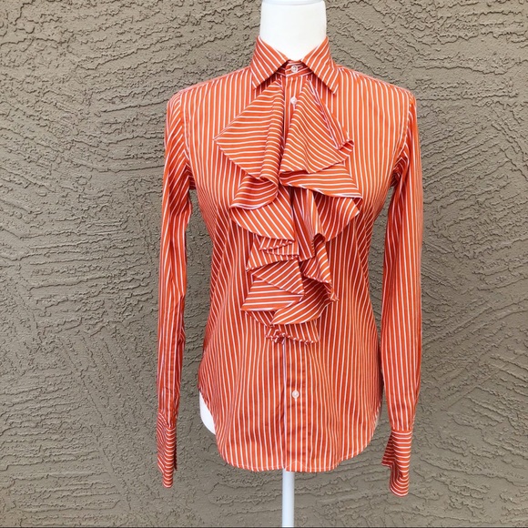 Ralph Lauren Blue Label Tops - RALPH LAUREN Blue Label Pinstripe Ruffle Shirt